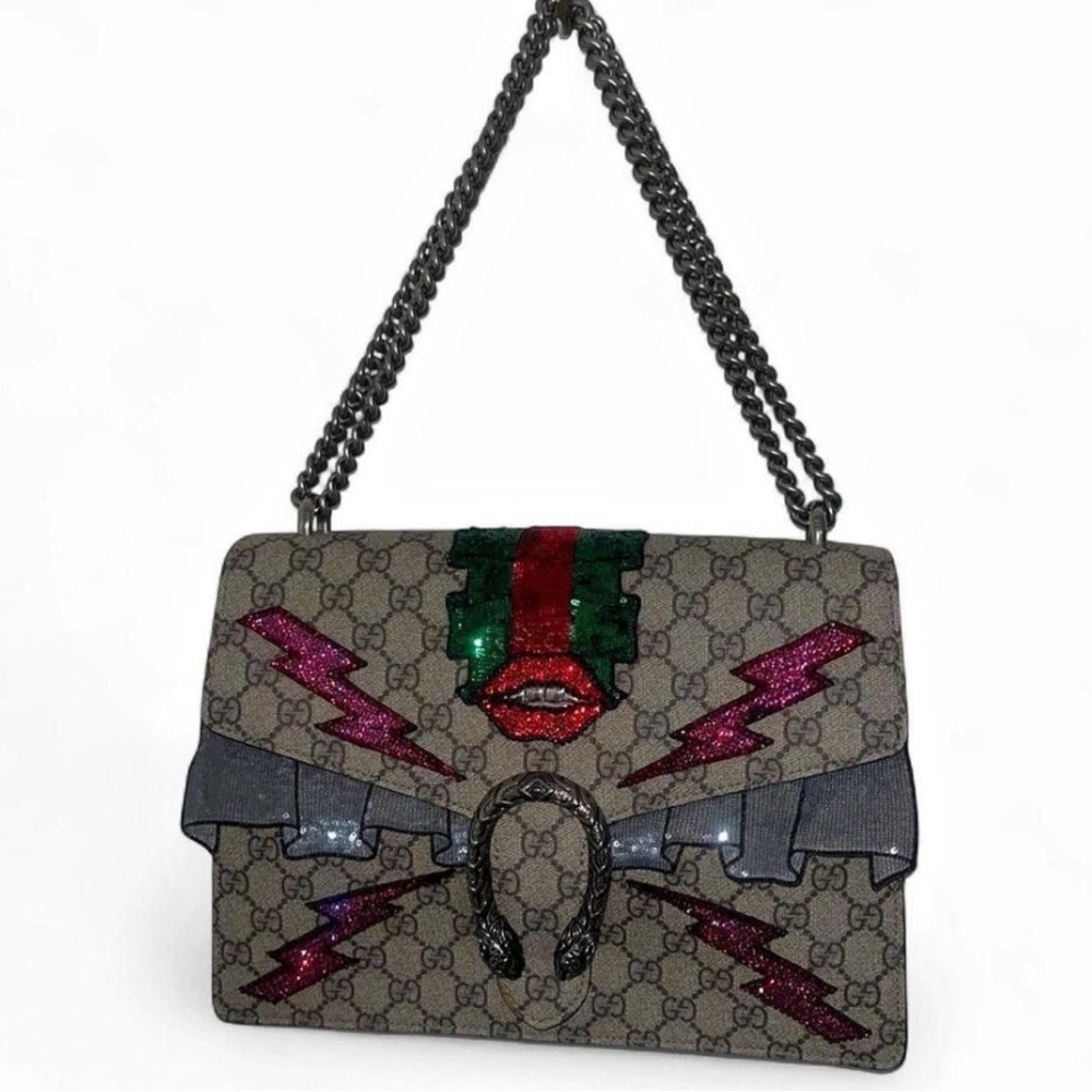Gucci GG Supreme Embellished Shoulder Bag in Brown with Multicolor Accents